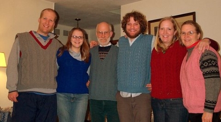 My great aunt Ethel was an amazing knitter and after her death, my Mom ended up with 6 of some of the last of her sweater vests.  So of course we had to try them on as a part of our Christmas celebration!